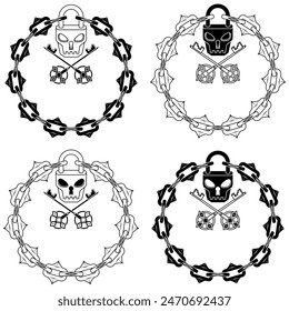 Vector design skull shaped padlock with keys and cutting chains, circle with chain and skull shaped padlock for dungeons