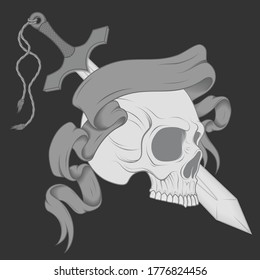 Diseño vectorial del cráneo con espada y cinta