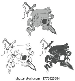 Diseño vectorial del cráneo con escala de grises de espada y cinta