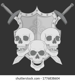 Diseño vectorial del escudo de cráneo y espadas