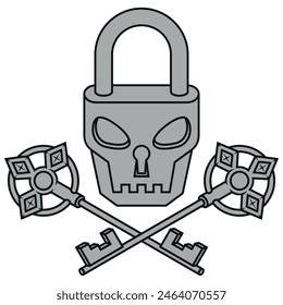 Vector design of Skull-shaped padlock with old keys, Padlock with a satanic face