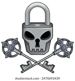 Vector design of Skull-shaped padlock with old keys, Padlock with a satanic face