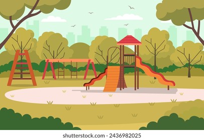 Vector Design of Slide in City Park with Green Plants Trees in Bright Day