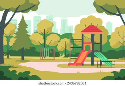 Vector Design of Slide in City Park with Trees and Cityscape in Bright Day