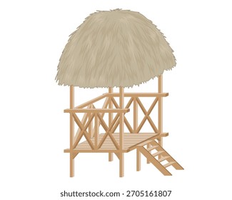 design vetorial de uma pequena cabana simples com um telhado feito de palha seca e geralmente encontrado em pontos turísticos, como na praia ou perto de um lago ou em lugares semelhantes