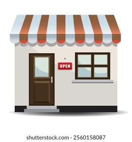 Vector design of a small store with an "Open" sign, brown door, and striped awning. Perfect for retail business, shop advertisements, or small store concepts.