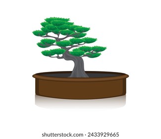 vector design of a small tree plant similar to a bonsai tree with green leaves planted in a dark brown container or pot