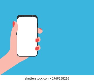 Vector design of smart phone in woman's hand.
Free space on the smart phone screen for writing.
technology concept.