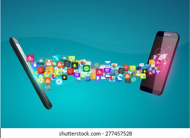 Vector design Smartphone with Application icon, Network and Technology Information concept on Smartphone, Data sync on two Smart phone