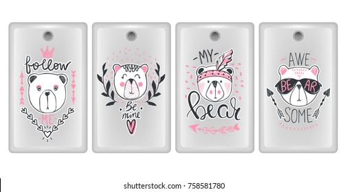 Vector design for smartphone covers. Phone cases with  cute animals. Set with fashion bear. Awesome teddy bear. Doodle kids animals print. Trendy design in sketch style.