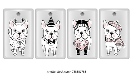 Vector design for smartphone covers. Stylish Phone cases with hand drawn vector french bulldog puppy. Winter collection. Cartoon animals print.