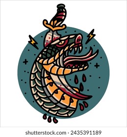 Vector Design of Snake and Dagger for Halloween Decoration Tattoo, Sticker, T-shirt