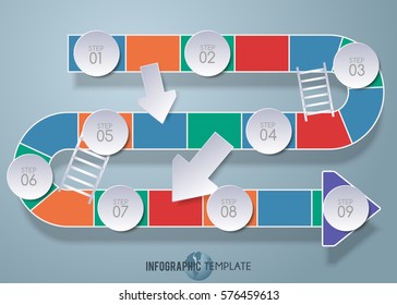 Vector design snake stairs template with 3D paper label, integrated circles background. Blank space for content, business, infographic, diagram, flowchart, diagram, time line or steps process