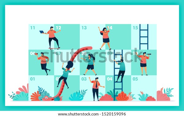 Vector design of Snakes and ladder in collaboration\
and teamwork. challenges in business. Player contributions teamwork\
to complete obstacles in snake and ladder game. Management in quiz\
and game