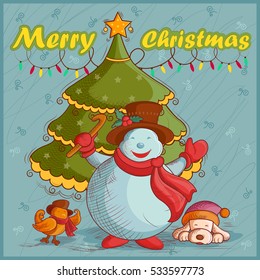 Vector design of Snowman for Merry Christmas Holiday celebration background