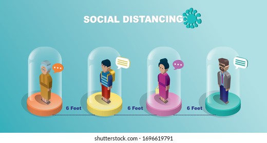 Vector design social distancing concept for preventing coronavirus covid-19, people keep distance away under glass dome protection