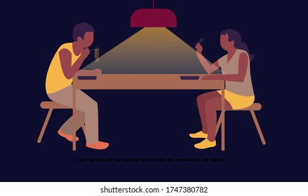 A vector design of Social Distancing during Coronavirus (Covid-19) outbreak in the coffee shop. Black people eat at a distance The world after the epidemic. Distance in the cafe. 