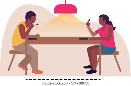 A vector design of Social Distancing during Coronavirus (Covid-19) outbreak in the coffee shop. Black people eat at a distance The world after the epidemic. Distance in the cafe. 