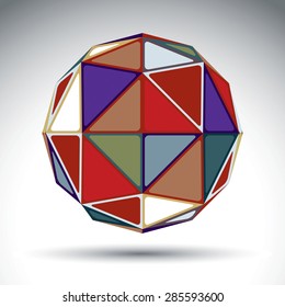 Vector design spherical object with kaleidoscope effect, dimensional modern geometric element isolated on white background. Stylish orb constructed from bright rectangular triangles.