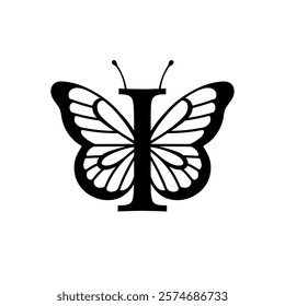 Vector design with split letter I with butterfly wings. Modern typography with nature-inspired elegance. Whimsical, artistic monogram is perfect for branding, wedding logos, and custom lettering