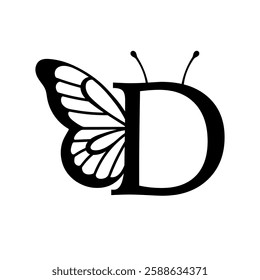 Vector design with split letter D with butterfly wings. Modern typography with nature-inspired elegance. Whimsical, artistic monogram is perfect for branding, wedding logos, and custom lettering