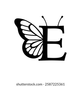 Vector design with split letter E with butterfly wings. Modern typography with nature-inspired elegance. Whimsical, artistic monogram is perfect for branding, wedding logos, and custom lettering