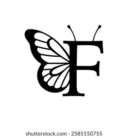 Vector design with split letter F with butterfly wings. Modern typography with nature-inspired elegance. Whimsical, artistic monogram is perfect for branding, wedding logos, and custom lettering