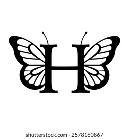 Vector design with split letter H with butterfly wings. Modern typography with nature-inspired elegance. Whimsical, artistic monogram is perfect for branding, wedding logos, and custom lettering