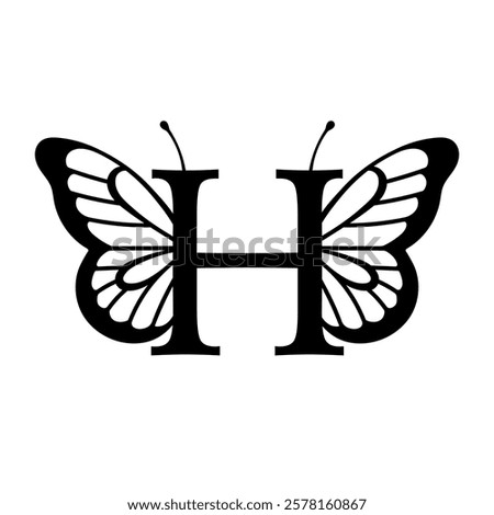 Vector design with split letter H with butterfly wings. Modern typography with nature-inspired elegance. Whimsical, artistic monogram is perfect for branding, wedding logos, and custom lettering