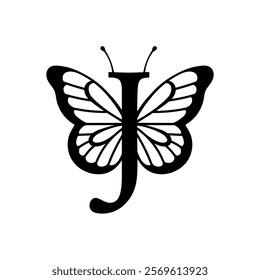 Vector design with split letter J with butterfly wings. Modern typography with nature-inspired elegance. Whimsical, artistic monogram is perfect for branding, wedding logos, and custom lettering