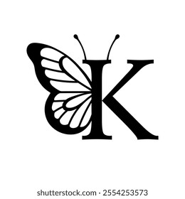 Vector design with split letter K with butterfly wings. Modern typography with nature-inspired elegance. Whimsical, artistic monogram is perfect for branding, wedding logos, and custom lettering