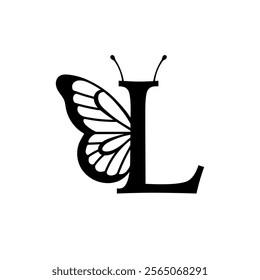 Vector design with split letter L with butterfly wings. Modern typography with nature-inspired elegance. Whimsical, artistic monogram is perfect for branding, wedding logos, and custom lettering