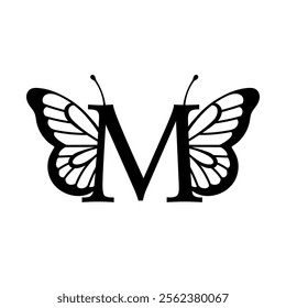 Vector design with split letter M with butterfly wings. Modern typography with nature-inspired elegance. Whimsical, artistic monogram is perfect for branding, wedding logos, and custom lettering