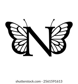 Vector design with split letter N with butterfly wings. Modern typography with nature-inspired elegance. Whimsical, artistic monogram is perfect for branding, wedding logos, and custom lettering