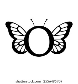 Vector design with split letter O with butterfly wings. Modern typography with nature-inspired elegance. Whimsical, artistic monogram is perfect for branding, wedding logos, and custom lettering