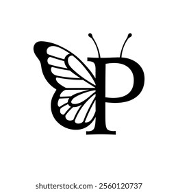 Vector design with split letter P with butterfly wings. Modern typography with nature-inspired elegance. Whimsical, artistic monogram is perfect for branding, wedding logos, and custom lettering