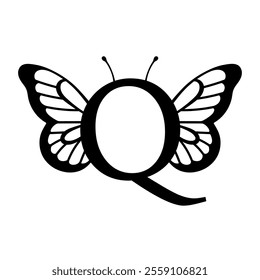 Vector design with split letter Q with butterfly wings. Modern typography with nature-inspired elegance. Whimsical, artistic monogram is perfect for branding, wedding logos, and custom lettering