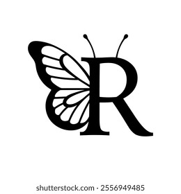 Vector design with split letter R with butterfly wings. Modern typography with nature-inspired elegance. Whimsical, artistic monogram is perfect for branding, wedding logos, and custom lettering