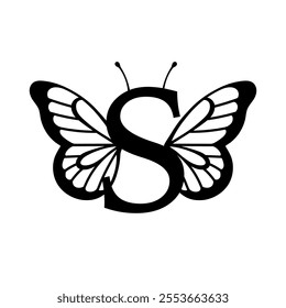 Vector design with split letter S with butterfly wings. Modern typography with nature-inspired elegance. Whimsical, artistic monogram is perfect for branding, wedding logos, and custom lettering