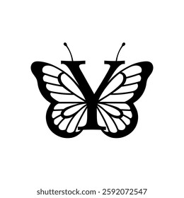 Vector design with split letter Y with butterfly wings. Modern typography with nature-inspired elegance. Whimsical, artistic monogram is perfect for branding, wedding logos, and custom lettering