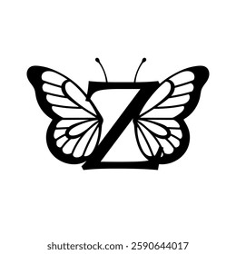 Vector design with split letter Z with butterfly wings. Modern typography with nature-inspired elegance. Whimsical, artistic monogram is perfect for branding, wedding logos, and custom lettering