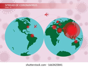 a vector design of spreaded of Coronavirus around the world from China by travelling