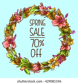 Vector design spring sale promotion 70% off with colorful floral circle framed 