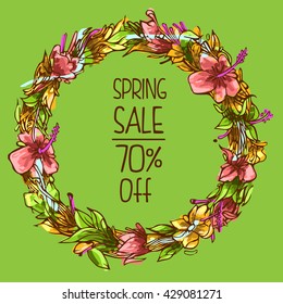 Vector design spring sale promotion 70% off with colorful floral circle framed 
