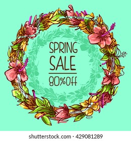 Vector design spring sale promotion 80% off with colorful floral circle framed 