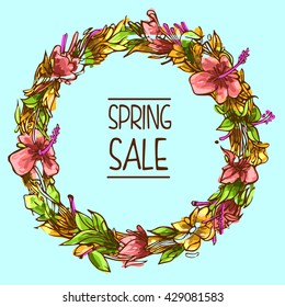Vector design spring sale promotion with colorful floral circle framed .