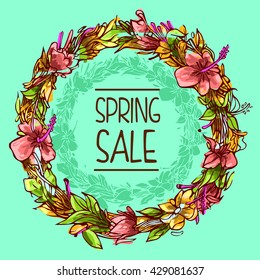Vector design spring sale promotion with colorful floral circle framed .