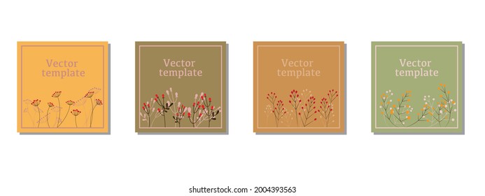 Vector design square templates in simple modern style with copy space for text, autumn leaves and berries.Natural concept template. Vector illustration.