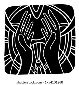 Vector design with squared icon with hands reaching to sun. Stylized print of a hands isolated on white background. Can be used for printing on paper, stickers, badges, jewelry, cards, textiles.