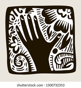 Vector design with squares icon element with hands and flowers. Stylized print of a hand print. Elements isolated on background. Can be used for printing on paper, stickers, badges, jewelry, cards.